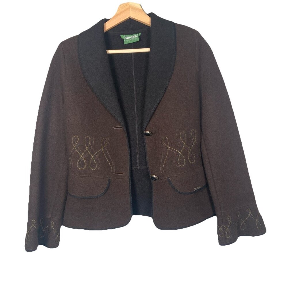 Geiger Boiled Wool Sweater Cardigan Jacket Size 34 Austria Brown‎ Blazer Vintage
